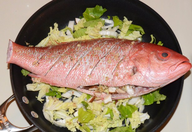 Red snapper on a vegetable bed after being rubbed with spice