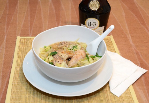 Chicken soup sprinkled with chili pepper and fried minced garlic. I used baby bok choi, Napa cabbage and scallion in this one. My lovely neighbor provided us with the B&B-French spiced liqueur & fine cognac. She said it's good for the cold too.