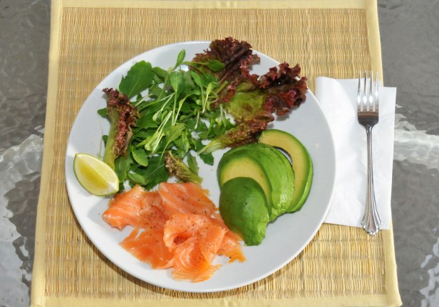 Spring salad, smoked salmon and avocado